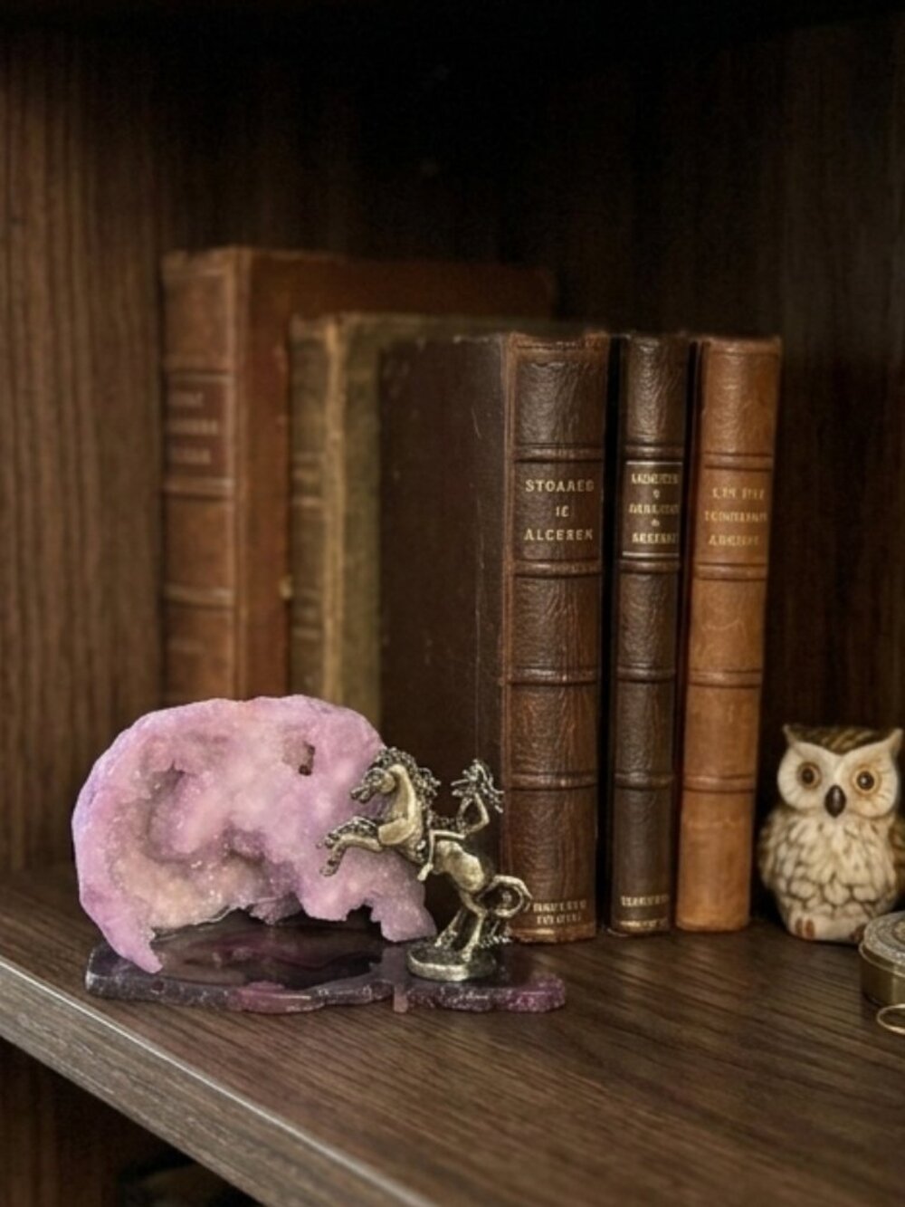 Pink Titanium, Enhanced  Geode with Pewter Horse Accent - Home Art